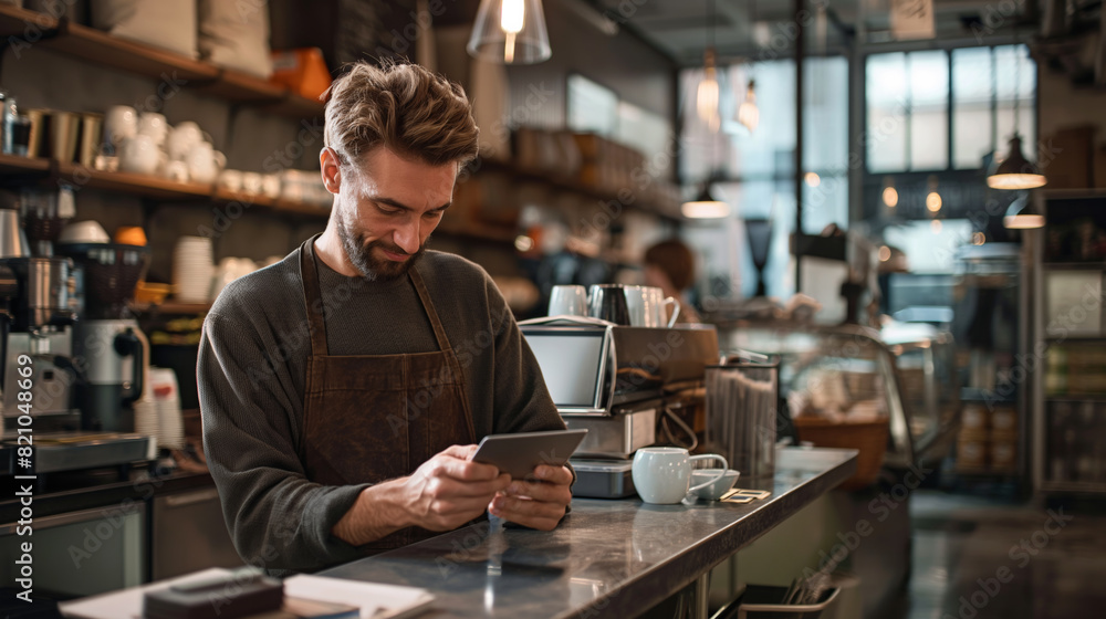 Barista Using Tablet in Coffee Shop. Modern Cafe with Professional Barista Barista Using Tablet in Coffee Shop. Modern Cafe with Professional Barista
