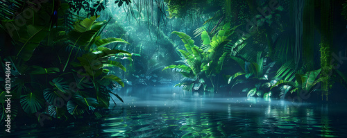 Tropical and exotic night forest with mystical magic lights reflected in water  creating an unreal and vibrant atmosphere for fantasy and dream-themed projects