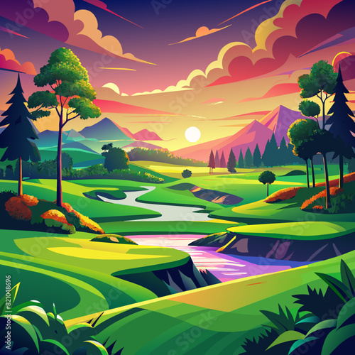Lush, green golf courses at dawn with vibrant, natural colors.