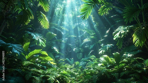 Tropical Forest Background, Detailed shot of tropical leaves and undergrowth, with sunlight filtering through the canopy, casting dappled light on the forest floor. Illustration image,