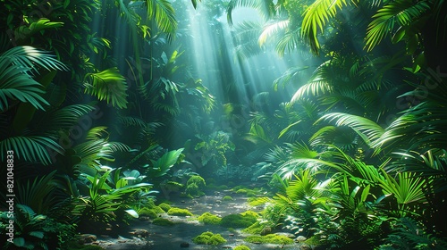 Tropical Forest Background  Detailed shot of tropical leaves and undergrowth  with sunlight filtering through the canopy  casting dappled light on the forest floor. Illustration image 