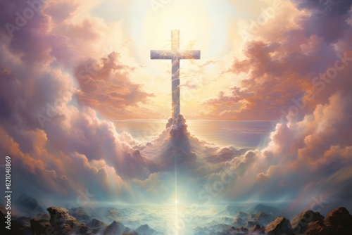 A spiritual painting showing an open Bible with a radiant cross above it, set against a backdrop of heavenly clouds and pillars The artwork features soft, luminous colors and intricate details, creati
