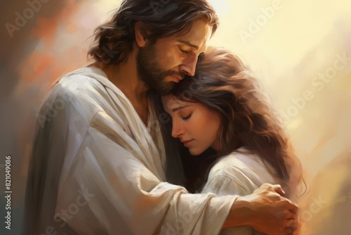 An inspiring illustration of Jesus holding a woman in a sacred embrace, symbolizing divine care and love The painting features a soft, radiant color scheme and textured brushstrokes, creating a tranqu