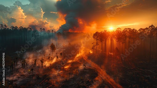 Unrestrained deforestation of pristine forests through fire and logging exacerbates environmental degradation, fueling climate change and intensifying global warming trends..stock image photo