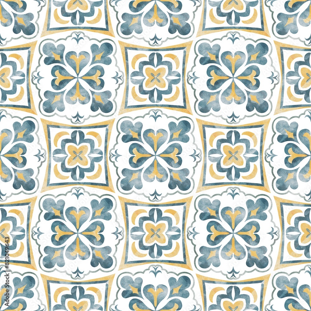 custom made wallpaper toronto digitalBlue and yellow Azulejos tiles. Traditional Portuguese Mosaic, Spanish Majolica tile decoration. Patchwork print for wallpaper design. Watercolor artwork, antique tileable ceramics.