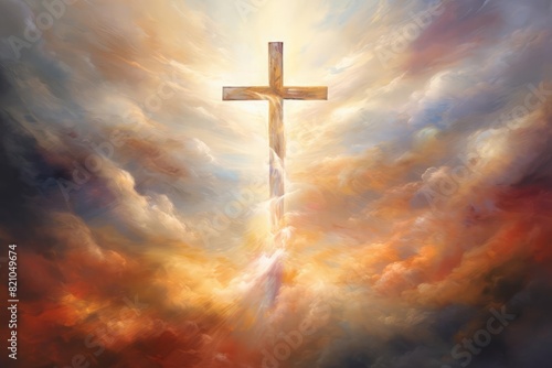 A painting of a glowing cross, emanating a bright and radiant light The artwork features a warm and luminous color palette, creating a powerful visual representation of faith and divinity The scene is © Pakorn