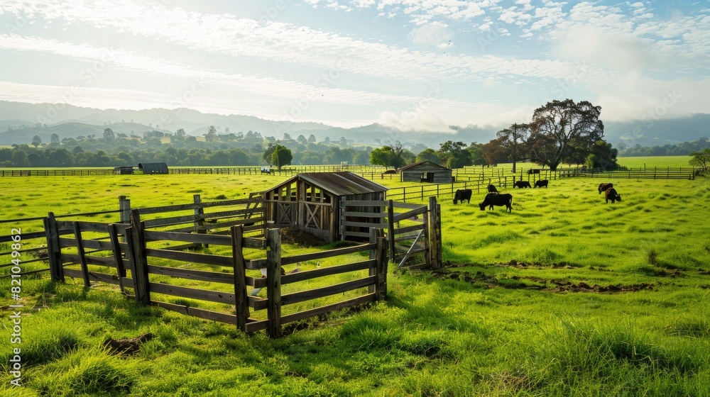 A Serene Pastoral Setting: Cows Grazing in Distant Pasture