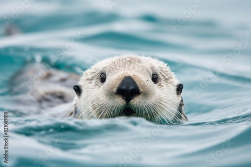 A close-up portrait of a sea otter in the sea, looking towards the camera. Horizontal. Space for copy.