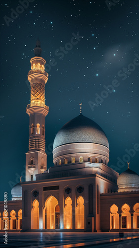 A high quality professional photo of a Glowing mosque under a starry night sky, night photography, long exposure, vibrant colors, breathtaking, majestic architecture, illuminated, spiritual Holy View