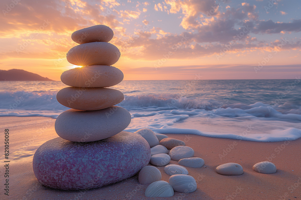 A serene beach at sunrise, where perfectly balanced stacks of smooth, round stones create a peaceful scene against the backdrop of the gentle waves and glowing sky. A serene beach at sunrise, where perfectly balanced stacks of smooth, round stones create a peaceful scene against the backdrop of the gentle waves and glowing sky.