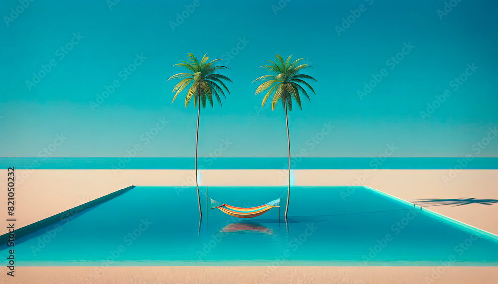 Serene tropical scene featuring two palm trees, a hammock, and an infinity pool by the beach. Concept: relaxation, tropical paradise, and escape. Ideal for travel advertisements, vacation promotions, 