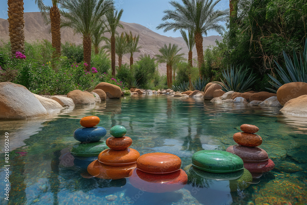 Obraz premium A secluded desert oasis with stacks of colorful stones arranged around a small, reflective pool, surrounded by tall palms and sandy dunes.