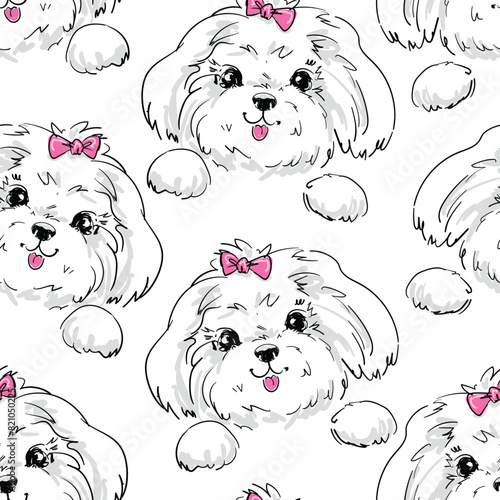 Hand Drawn Cute Dog puppy and pink bow seamless pattern vector design print