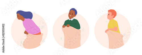 Cheerful children characters jumping in bags enjoying outdoor sack race event round composition set