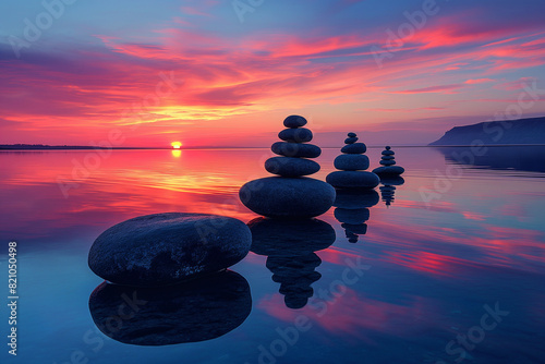 A sunset over a tranquil lake  where balanced stones are silhouetted against the colorful sky  creating a serene and contemplative mood.