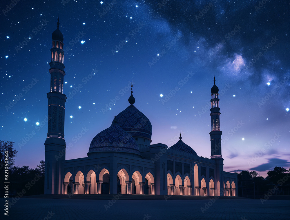 Glowing mosque under a starry night sky, night photography, long exposure, vibrant colors, breathtaking, majestic architecture, illuminated, spiritual Holy View