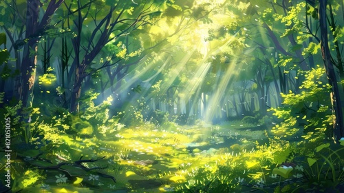 Beautiful forest panorama with bright sun shining through the trees