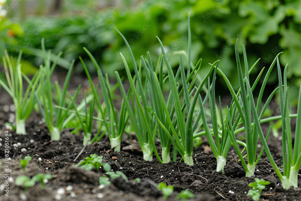 close up of fresh green onion growing in the garden close up of fresh green onion growing in the garden