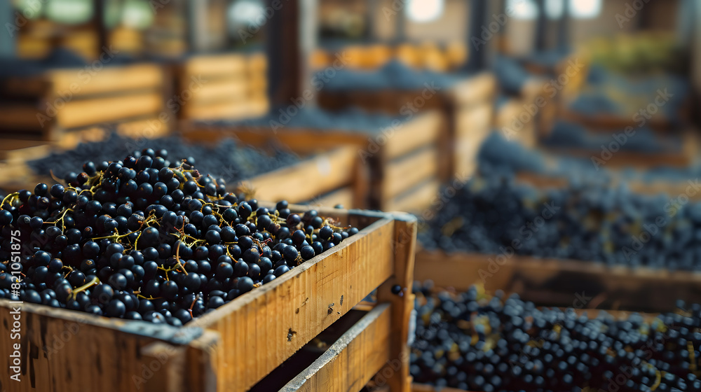 Elderberries harvested in wooden boxes in a warehouse. Natural organic fruit abundance. Healthy and natural food storing and shipping concept. Elderberries harvested in wooden boxes in a warehouse. Natural organic fruit abundance. Healthy and natural food storing and shipping concept.