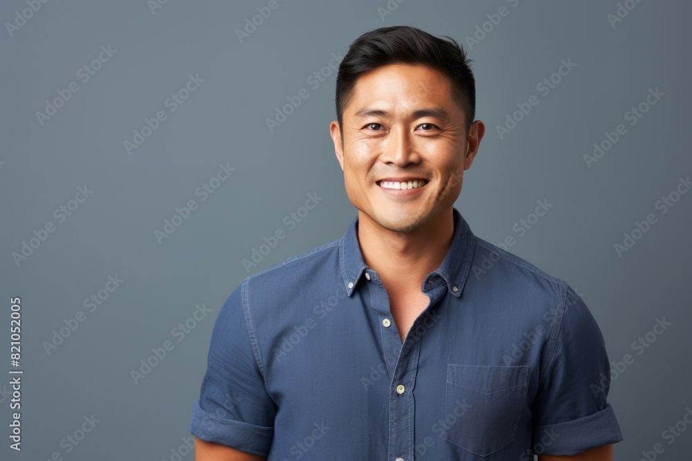Portrait of a grinning asian man in his 40s smiling at the camera in front of minimalist or empty room background Portrait of a grinning asian man in his 40s smiling at the camera in front of minimalist or empty room background