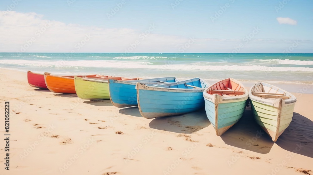 Colorful wooden boats lined up on a sandy beach with a beautiful ocean view and clear blue sky in the background during a sunny day. Colorful wooden boats lined up on a sandy beach with a beautiful ocean view and clear blue sky in the background during a sunny day.