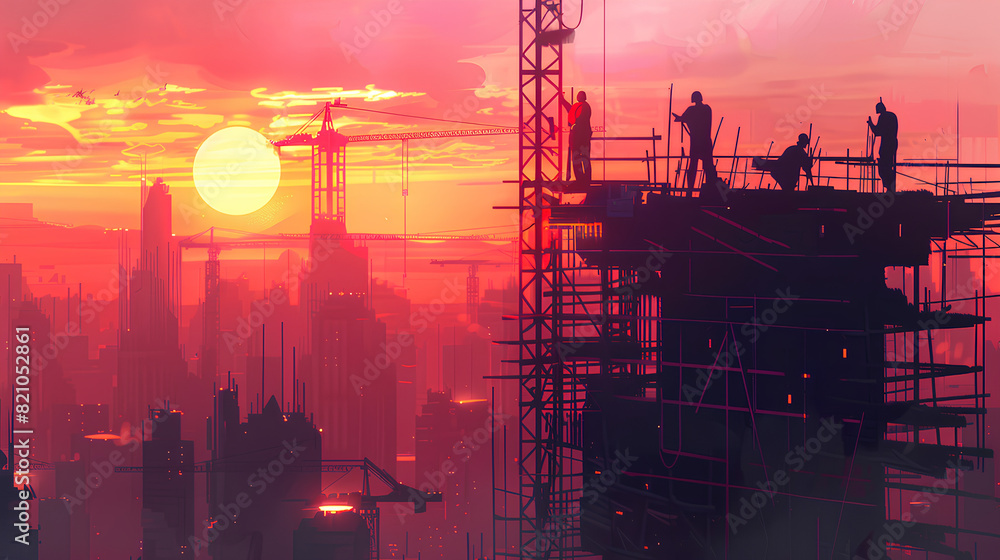 Construction Workers Building a Modern Skyscraper at Sunset