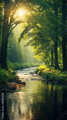 Beautiful forest panorama with bright sun shining through the trees