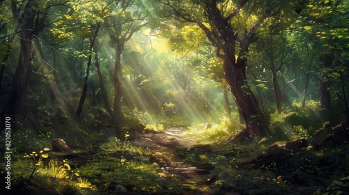 Beautiful forest panorama with bright sun shining through the trees