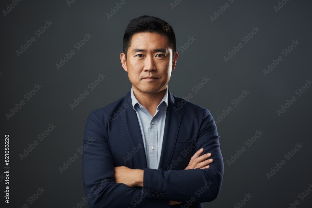 Portrait of a glad asian man in his 40s with arms crossed in minimalist or empty room background Portrait of a glad asian man in his 40s with arms crossed in minimalist or empty room background