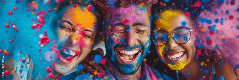 Three joyful friends covered with vibrant colored powders are celebrating a festival, showing unity and excitement
