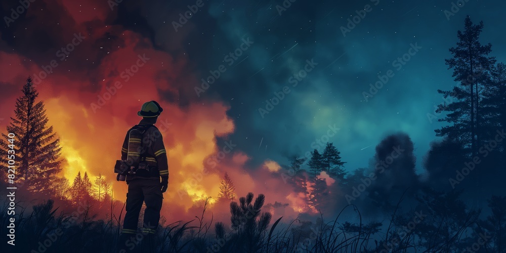 A firefighter standing before a raging nighttime wildfire, a picture of courage and challenge A firefighter standing before a raging nighttime wildfire, a picture of courage and challenge