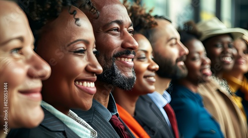 Wallpaper Mural A close-up profile shot of a diverse group of smiling individuals standing in a line. The image captures a sense of unity, happiness, and inclusivity Torontodigital.ca