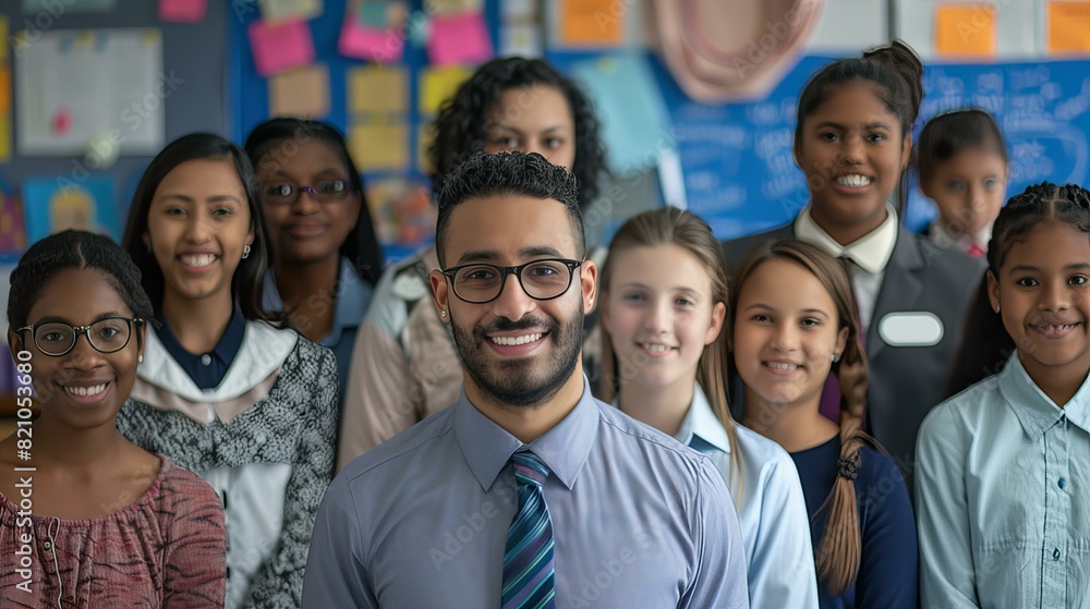 A joyful group portrait of a diverse group of students and teachers in a classroom.The background features a chalkboard and colorful student artwork A joyful group portrait of a diverse group of students and teachers in a classroom.The background features a chalkboard and colorful student artwork