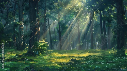 Beautiful forest panorama with bright sun shining through the trees