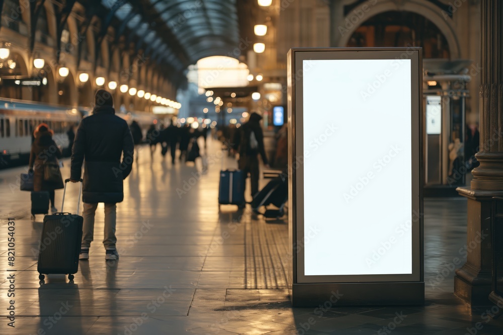 a man walking through a train station with a blank billboard a man walking through a train station with a blank billboard