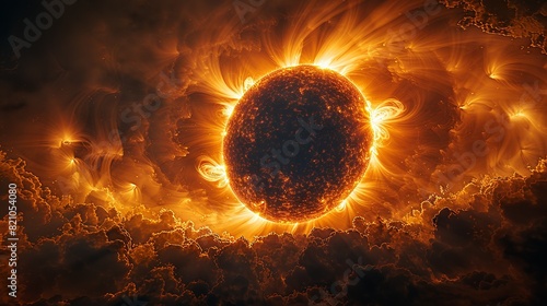 Astronomy Background, Sun in space with intense solar activity including flares and coronal mass ejections showcasing the dynamic processes of our star. Illustration image, photo