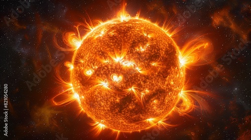 Astronomy Background, Sun in space with intense solar activity including flares and coronal mass ejections showcasing the dynamic processes of our star. Illustration image,