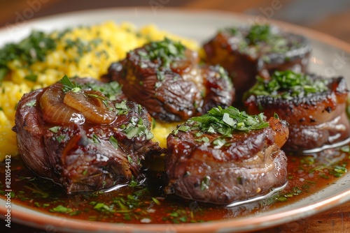 Osso Buco: A plate with braised veal shanks, rich in sauce, served over risotto or polenta, garnished with gremolata.