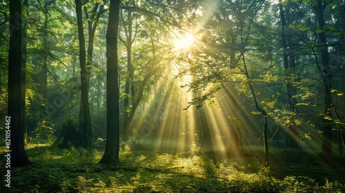 Beautiful forest panorama with bright sun shining through the trees