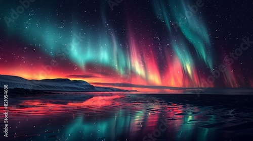 Astronomy Background  Aurora borealis over a coastal landscape with the lights reflecting on the water and creating a magical night-time scene. Illustration image 