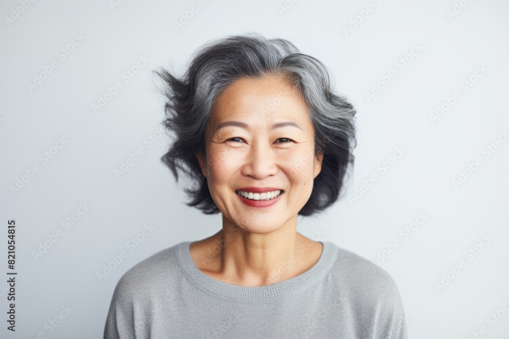 Portrait of a grinning asian woman in her 50s smiling at the camera while standing against minimalist or empty room background