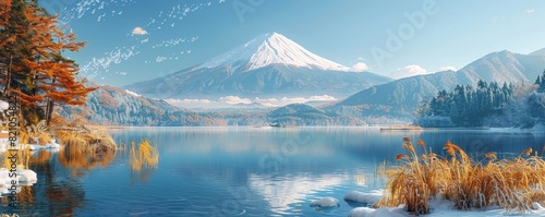 On a clear day, Mount Fuji overlooks Lake Kawaguchi with snow drifts, offering a panoramic view photo