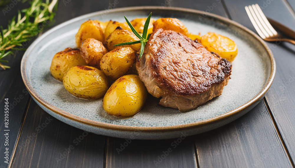 Grilled veal chops with roasted fingerling potatoes on plate. Tasty meat. Delicious restaurant dish Grilled veal chops with roasted fingerling potatoes on plate. Tasty meat. Delicious restaurant dish