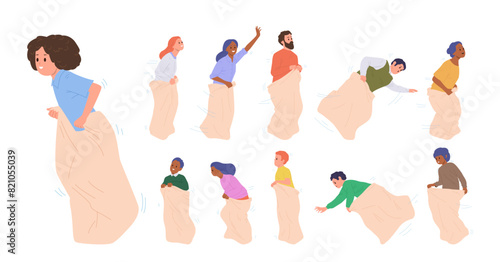 Happy people cartoon characters participating in sack race competition set isolated on white