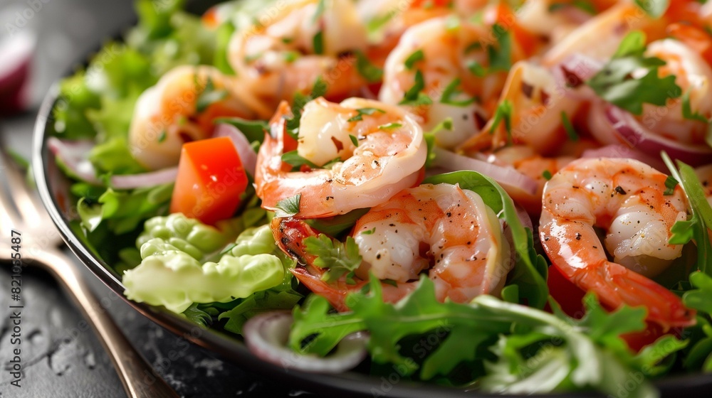 Freshly shrimp louie salad with tomatoes red onions lettuce on black plate Freshly shrimp louie salad with tomatoes red onions lettuce on black plate