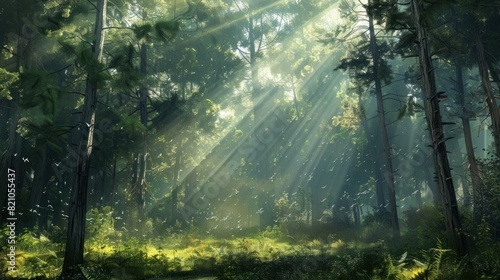 Beautiful forest panorama with bright sun shining through the trees