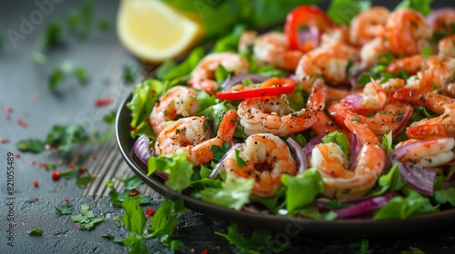 Freshly shrimp louie salad with vibrant greens tomatoes onions peppers