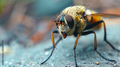 Close-up fly on gray surface with blurred background concept tilt-shift insect photo