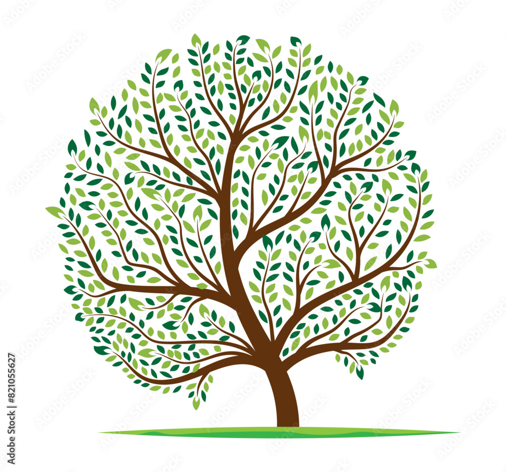 Fototapeta premium Abstract tree with roots and colorful leaves logo. Isolated on white background. Vector illustration.