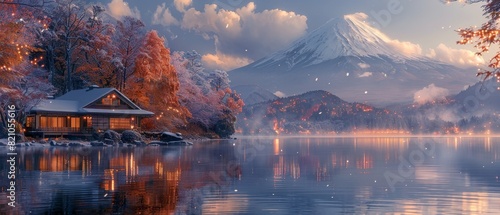 Mount Fuji overlooks frosty Lake Kawaguchi, with snowfall enhancing the cozy winter theme of warm cabin lights